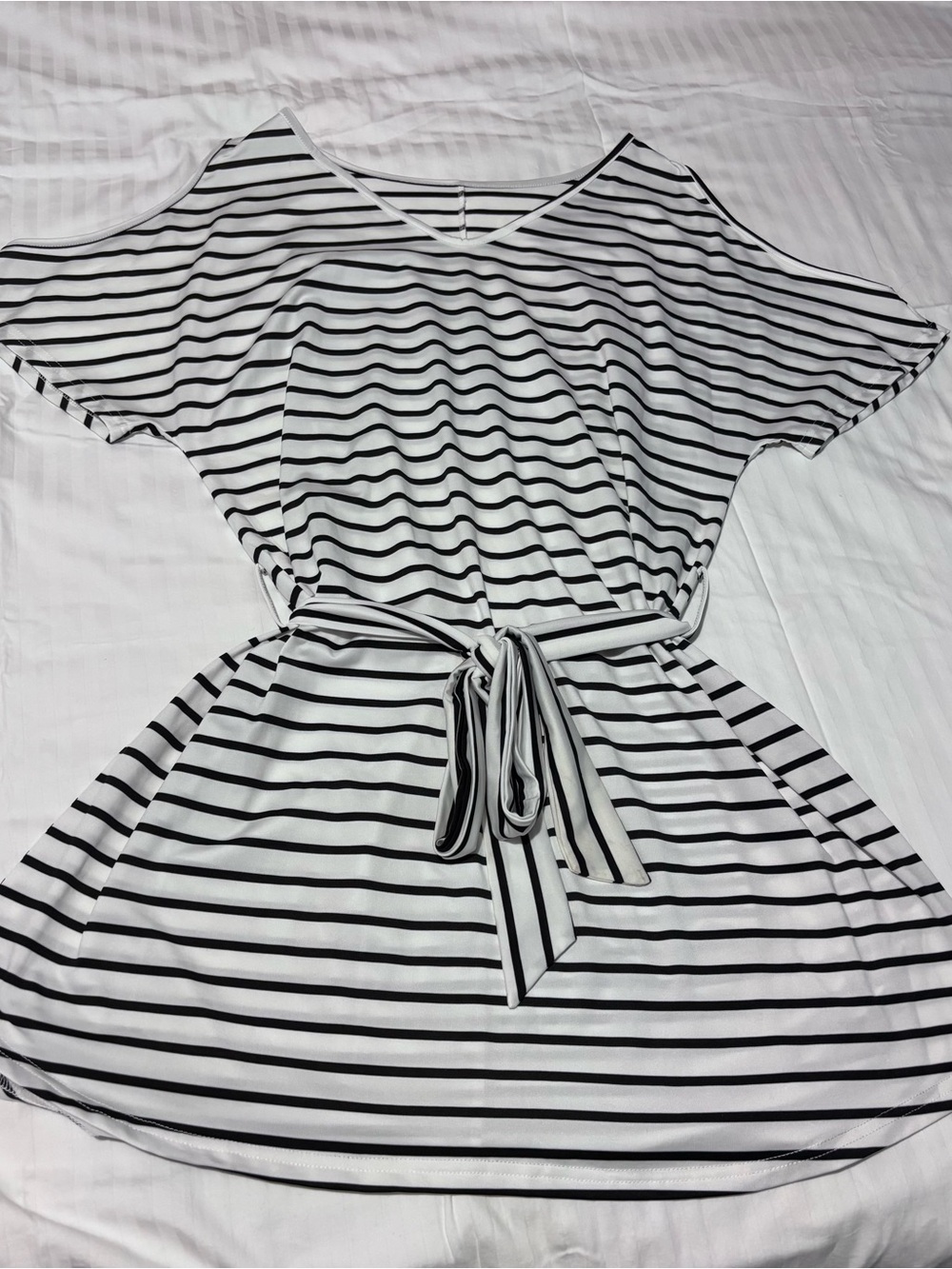 SHEIN Black and White Striped Tie-Waist Cold Shoulder Dress